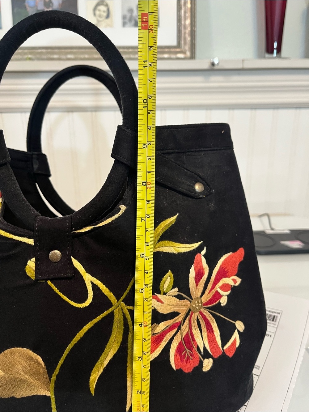 Embroidered Black Floral handbag/clutch purse vintage suede - Picture 8 of 10